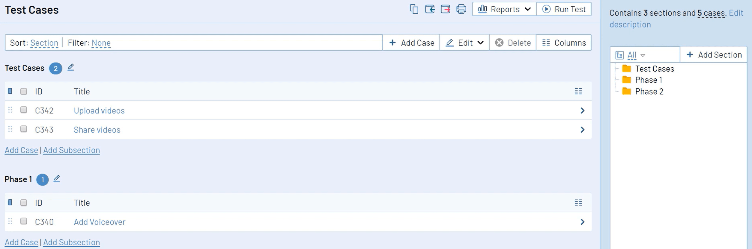 Übersicht Testfälle - Testrail